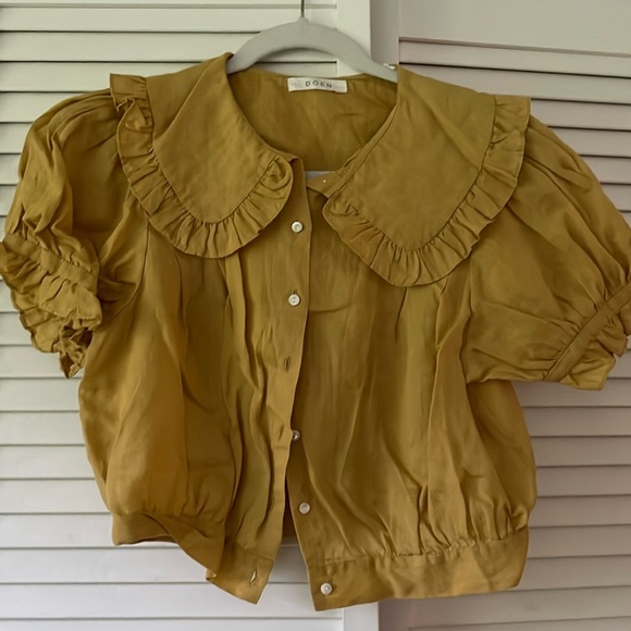 Doen Tops - Doen Mustard Ruffle Collar Puff Sleeve Blouse